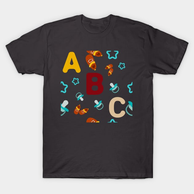 abc pattern with rounded star, pacifer and baby's shoes T-Shirt by maricetak